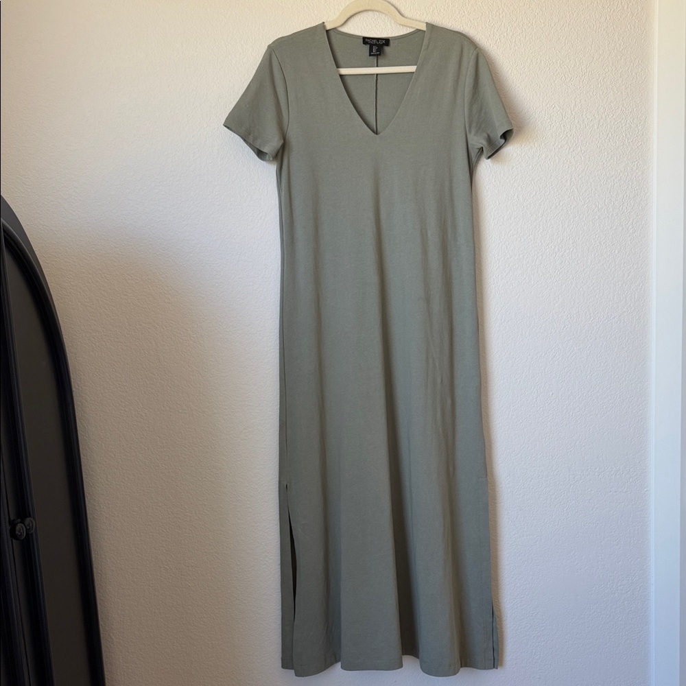 Rachel Zoe Olive Green Cotton Maxi Dress Minimal Side Slit Size S Lagenlook
